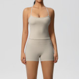 In-stock cross-border solid color double-sided brushed long tank top with beautiful back design, tight-fitting sports running fitness yoga wear for women