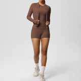 New cross-border breathable tight-fitting brushed long-sleeve jacket fitness yoga outfit solid color three-piece gym sportswear for women
