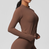 In-stock cross-border quick-dry naked-feel brushed gym zip-up jacket running sports tight-fitting long-sleeve yoga top for women