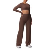 New cross-border solid color double-sided brushed nude-feel tight-fitting wide-leg sports yoga outfit set for running and fitness two-piece set