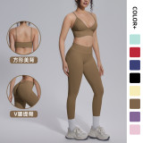 Cross-border seamless solid color high-waisted, beautiful-back, tight-fitting, breathable, high-elastic yoga outfit set for sports, running, and fitness, two-piece set