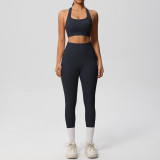 European and American cross-border yoga double-sided brushed vest with shockproof pocket pants, Pilates running fitness yoga two-piece set
