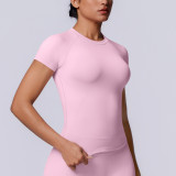 New cross-border European and American seamless solid color tight-fitting high-elastic breathable T-shirt for sports, running, fitness, and yoga for women