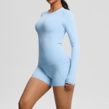 New cross-border European and American solid color double-sided nylon brushed long-sleeve yoga outfit set for sports, running, and fitness two-piece set