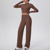 New cross-border solid color double-sided brushed zipper jacket and wide-leg yoga outfit set for sports, running, and fitness two-piece set