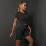 Cross-border European and American seamless peach butt solid color high-elastic yoga short-sleeve shorts set for running, sports, and fitness two-piece outfit
