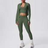 Cross-border seamless solid color tight-fitting breathable high-elasticity yoga outfit set for sports, running, and fitness, three-piece yoga set
