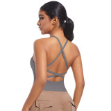 New cross-border double-sided nylon solid color cross-back sports bra for running, fitness, and yoga, women's tank top
