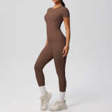In-stock cross-border solid color double-sided brushed breathable high-elasticity tight-fitting yoga outfit set for sports, running, and fitness two-piece set