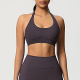Cross-border solid color seamless backless high-elasticity tight-fitting halter neck sports bra for running, fitness, and yoga for women