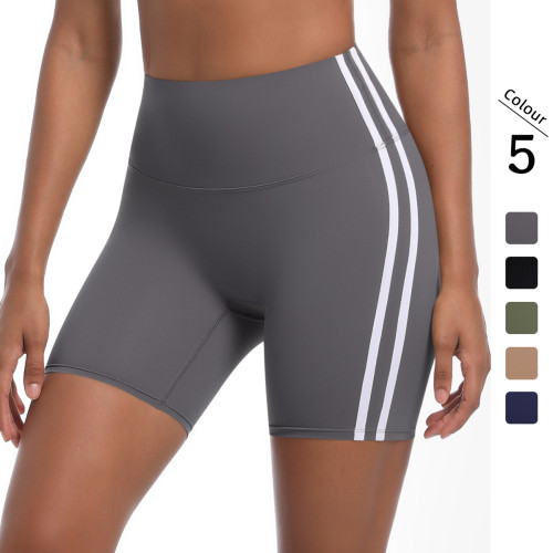 New cross-border striped fitness tight high-waisted peach-colored three-quarter shorts with contrasting colors, breathable sports running yoga shorts for women