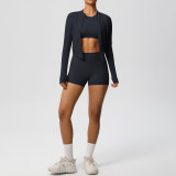 New cross-border solid color nude-feel brushed long-sleeve jacket tight-fitting three-piece sports running fitness yoga outfit set