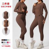 In-stock cross-border brushed fabric, skin-friendly, breathable, tight-fitting short-sleeve three-piece sports running fitness yoga set for women