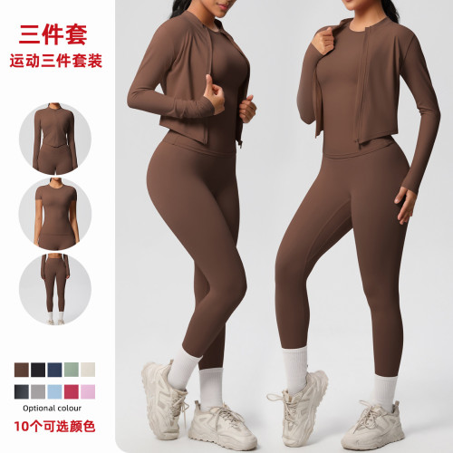 In-stock cross-border brushed fabric, skin-friendly, breathable, tight-fitting short-sleeve three-piece sports running fitness yoga set for women