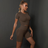 Cross-border European and American seamless peach butt solid color high-elastic yoga short-sleeve shorts set for running, sports, and fitness two-piece outfit