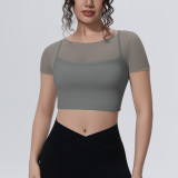 New cross-border solid color mesh double-layer breathable faux two-piece short-sleeve top for casual sports, running, fitness, and yoga