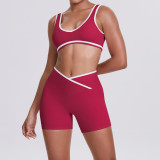 Cross-border double-sided brushed contrasting color tight-fitting breathable cross-waist yoga outfit set for women, suitable for sports, running, and fitness