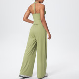 Cross-border V-neck beautiful back tight-fitting breathable solid color wide-leg yoga outfit sports running fitness set for women