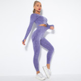 New European and American seamless washable smiley face yoga set, sports fitness long-sleeve top and butt-lifting yoga pants two-piece set