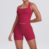 Cross-border brushed solid color tight-fitting racerback pocket shorts sports suit for running, fitness, and yoga two-piece set