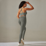 Cross-border European and American seamless knit solid color cross-back tight yoga outfit set with sports running fitness cropped pants