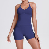 Cross-border seamless knitted solid color backless tank top and shorts yoga outfit set, tight-fitting running and fitness two-piece set