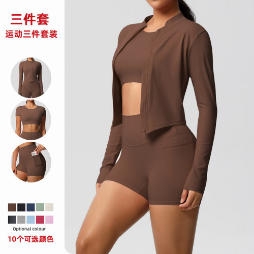 Cross-border cloud-feel brushed short-sleeve sports zip-up jacket, pocket shorts, butt-lifting fitness yoga outfit three-piece set