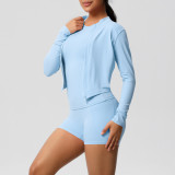 European and American cross-border cloud-feel brushed long-sleeve sports zip-up jacket, running butt-lifting fitness yoga three-piece set for women