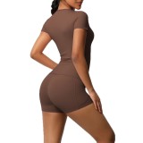 New cross-border European and American solid color double-sided nylon brushed short-sleeve yoga outfit set for sports, running, and fitness two-piece set