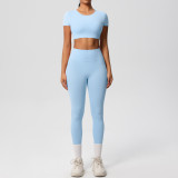 New cross-border European and American solid color double-sided brushed breathable tight-fitting yoga outfit set for sports, running, and fitness, eight-piece set