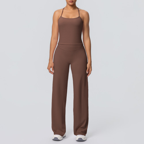 In-stock cross-border seamless double-sided nylon backless tight-fitting sports wide-leg yoga outfit set for running and fitness two-piece set