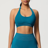 Cross-border solid color seamless backless high-elasticity tight-fitting halter neck sports bra for running, fitness, and yoga for women