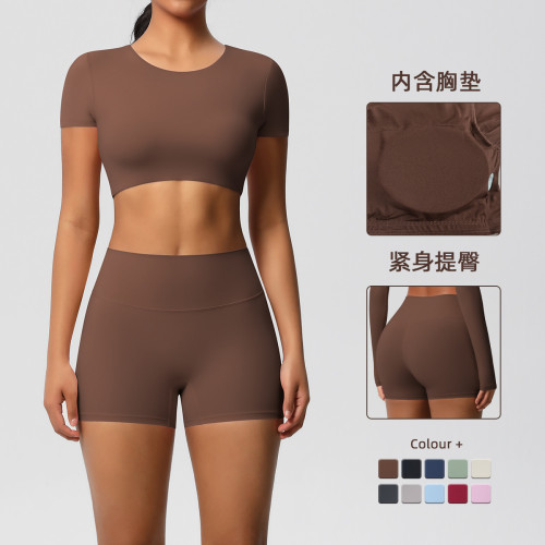 In-stock cross-border solid color double-sided brushed yoga outfit with chest support, running sports fitness short two-piece set for women