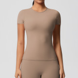 In-stock cross-border solid color double-sided brushed tight-fitting sports short-sleeve T-shirt for women, suitable for running, fitness, and yoga