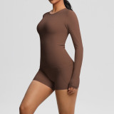 New cross-border European and American solid color double-sided nylon brushed long-sleeve yoga outfit set for sports, running, and fitness two-piece set