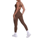 Cross-border European and American double-sided brushed nylon one-shoulder yoga outfit set with sports running fitness pocket pants two-piece set