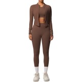 In-stock cross-border solid color brushed breathable tight-fitting fitness jacket three-piece sports running yoga outfit for women