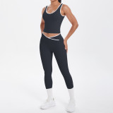 New cross-border double-sided brushed contrasting color tight-fitting breathable cross-over yoga outfit set for sports, running, and fitness two-piece set