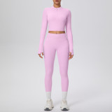 In-stock cross-border solid color double-sided brushed naked-feel short jacket set, tight-fitting running fitness yoga two-piece outfit