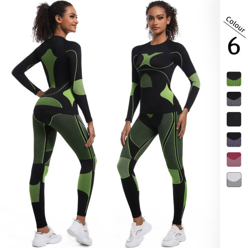 New cross-border seamless high-elastic long-sleeve ski suit shapewear set for women, suitable for sports, running, cycling, and yoga