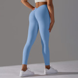 Cross-border European and American brushed V-waist pleated solid color peach butt-lifting yoga pants for sports, running, and fitness, tight-fitting nine-point pants
