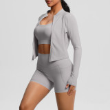 European and American style solid color backless bra, tight yoga wear, pocket shorts, cloud-feel running fitness wear, three-piece sports set