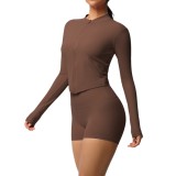 In-stock cross-border double-sided brushed solid color tight-fitting zip-up jacket yoga outfit sports running fitness set for women