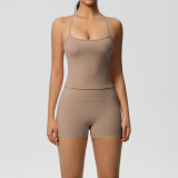 In-stock cross-border solid color double-sided brushed long tank top with beautiful back design, tight-fitting sports running fitness yoga wear for women