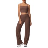 New cross-border brushed solid color backless tight-fitting breathable wide-leg yoga outfit set for sports, running, and fitness two-piece set