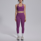 Cross-border double-sided nylon solid color cross-back tight-fitting nude-feel sportswear set for running, fitness, and yoga