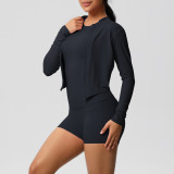 European and American cross-border cloud-feel brushed sports zip-up jacket, casual running butt-lifting pocket shorts, yoga outfit three-piece set