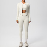 In-stock cross-border solid color brushed breathable tight-fitting fitness jacket three-piece sports running yoga outfit for women
