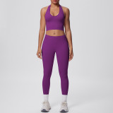 Cross-border European and American seamless tight-fitting halter neck backless yoga outfit set for women, two-piece running sports fitness yoga wear
