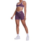 Cross-border double-sided brushed contrasting color tight-fitting breathable cross-waist yoga outfit set for women, suitable for sports, running, and fitness
